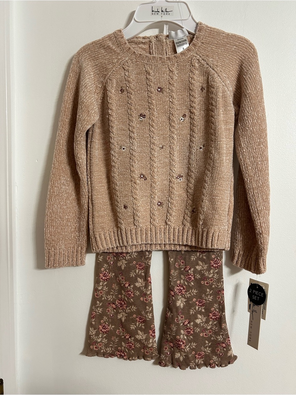 Nicole Miller Girls Two-Piece Sweater Set in Beige and Floral Brown